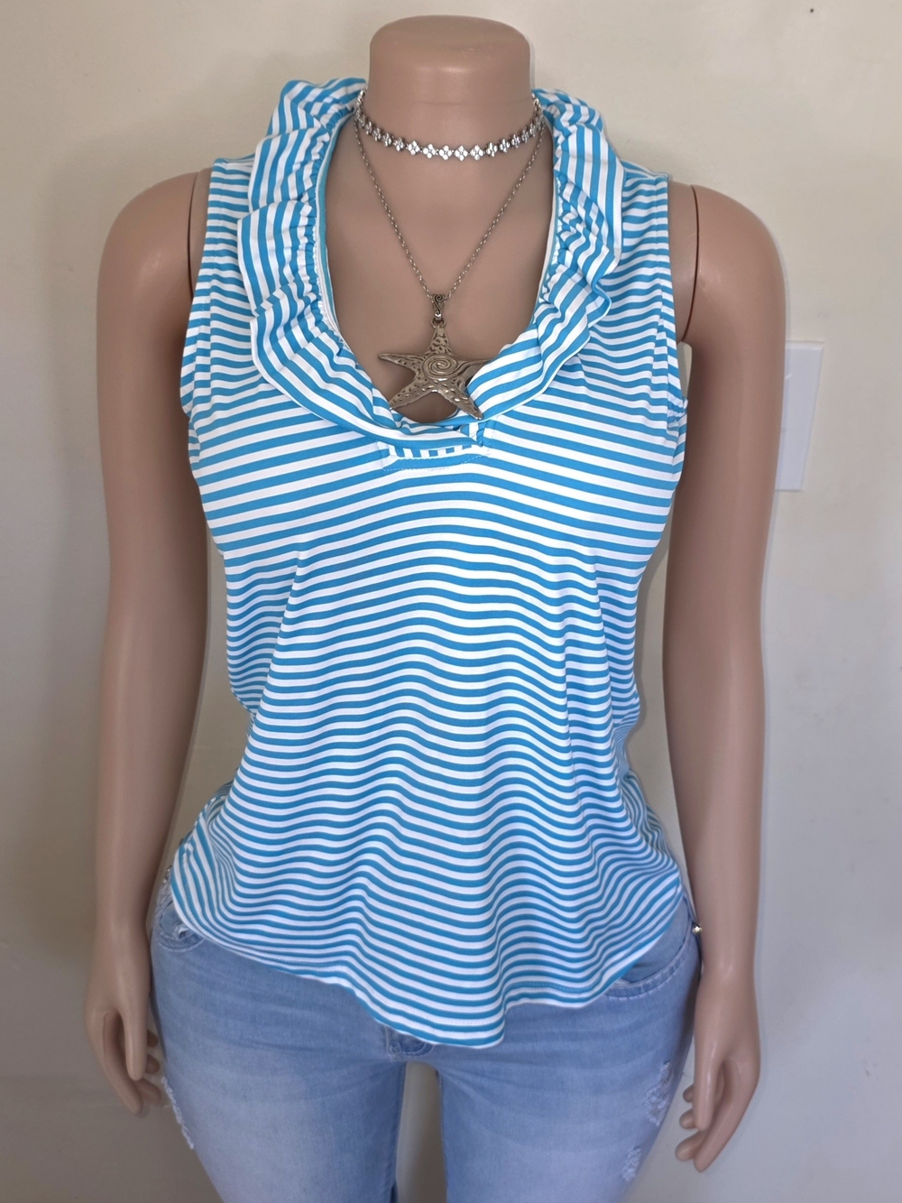 Lulu-B Blue and White Striped Ruffle V-Neck Tank